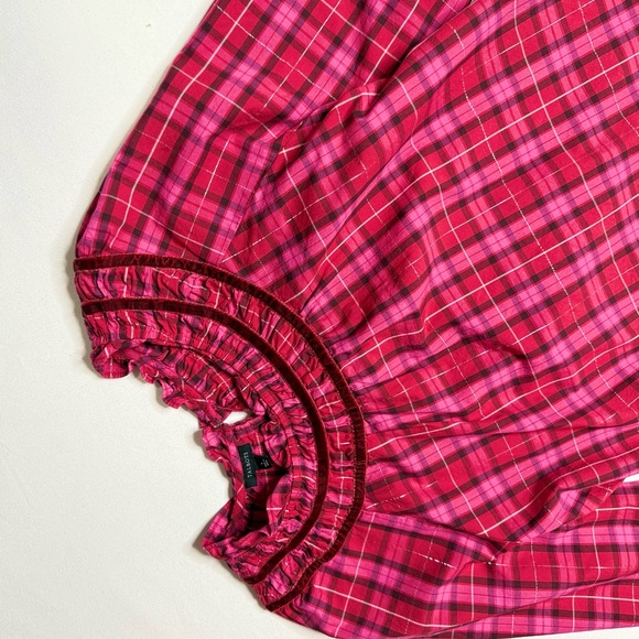 Talbots Velvet Trim Ruffle Popover Blouse in Moonlight Plaid Red and Pink Size L - Picture 8 of 8
